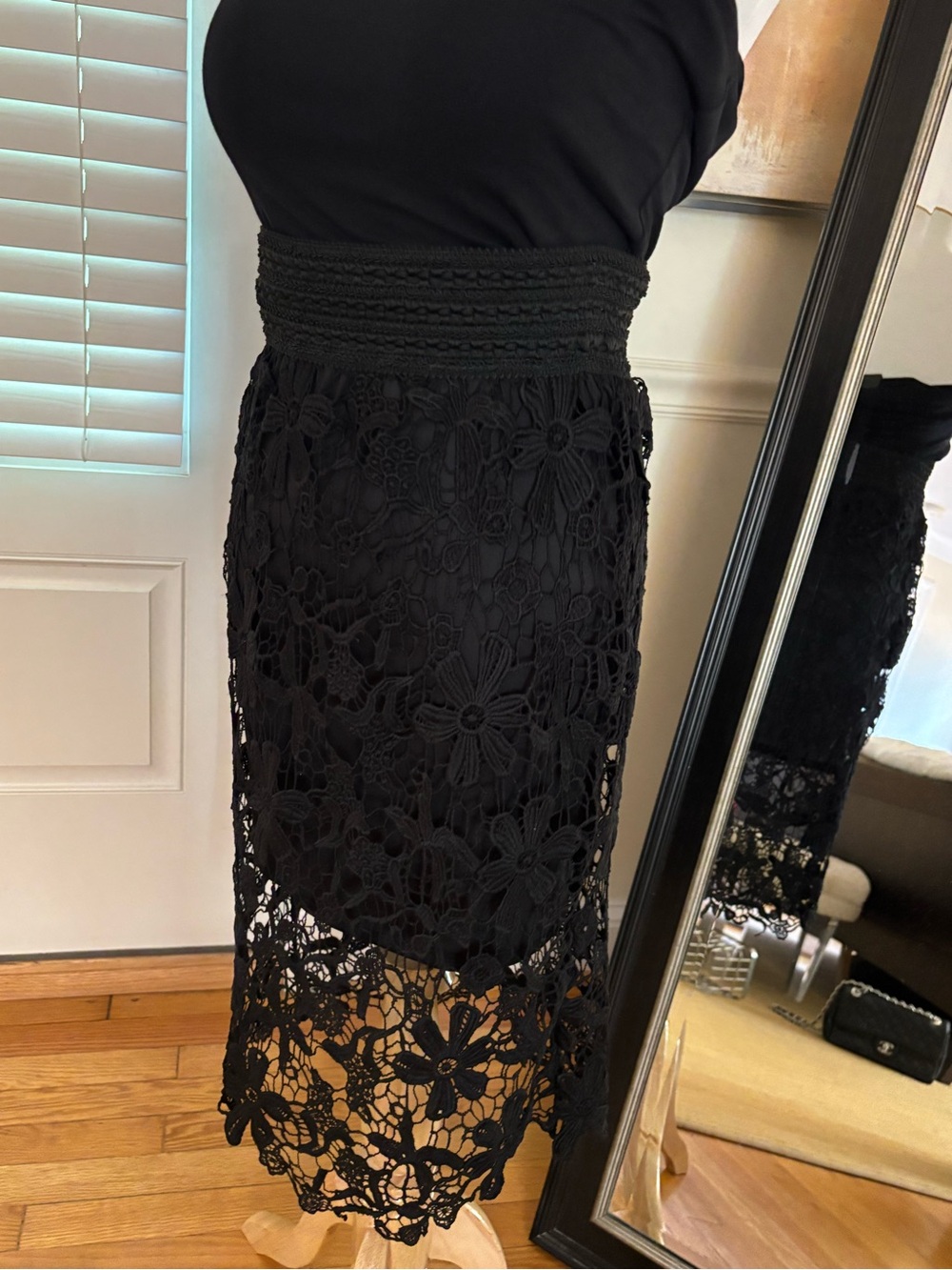 Black Crochet Lace Pencil Skirt with Floral Overlay